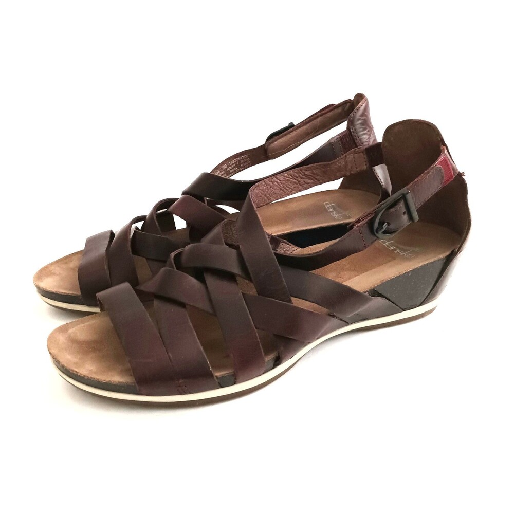 Dansko Vivian Sandals Criss Cross Brown Leather Ankle Strap Low Wedge 39 US 8.5